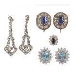 A pair of blue zircon and diamond cluster ear studs, 14mm, 4.7g and one and two pairs of earrings (