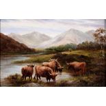 J H Flory (Fl. late 19th - early 20th c) - Highland Cattle, signed, oil on canvas, 19 x 29cm