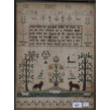 An English linen sampler,  Mary Jordan's work ended August 10 1819, worked with animals, including a