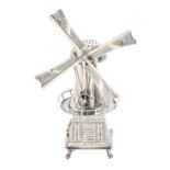 A Dutch silver toothpick stand in the form of a windmill, 17.5cm h overall, spurious 18th c marks,