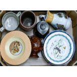 Miscellaneous ceramics, including saltglazed stoneware jar, loving cup, an Old Willow pattern plate,