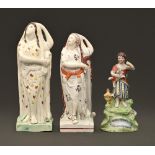 Two similar Staffordshire pearl glazed earthenware figures of Hope, c1800,  with overglaze painted