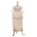 A Victorian silver sugar caster and cover, on three feet, 16cm h, by John Round & Son Ltd, Sheffield