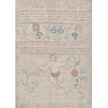 An English linen angel sampler, mid 18th c, finely worked with rose and carnation, linked foliage