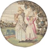 A George III woolwork picture of two girls fetching water, in giltwood and composition frame, 24cm