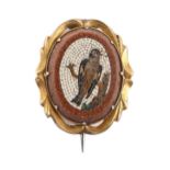 A micro-mosaic brooch, 19th c, with a bird on a branch, mounted in gold, 25mm, 3.3g Under