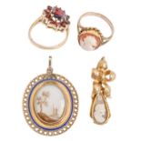 A Victorian cameo earring, in gold, 31mm and three other gold articles, comprising a cameo ring, a