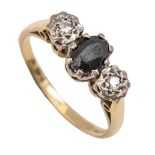 A sapphire and diamond three stone ring, illusion set in 18ct gold, London 1977, 3.4g, size L Good