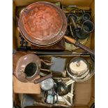 Miscellaneous Victorian and later metalware, including copper kettle, warming pan, EPNS muffin dish,