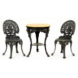 A black painted wrought iron pub table, 76cm h and a pair of associated chairs Table - good