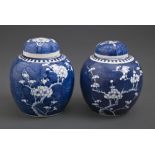 Two Chinese blue and white ginger jars and covers, 20th c, painted with prunus, 18 and 19cm h Good