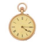 A Swiss gold keyless cylinder lady's watch, c1900, in plain case, base metal gilt cuvette engraved