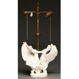 A Schwarzberger glazed porcelain dancers figural lamp, c1970, brass fitment, 70cm h overall,