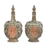 A pair of French cast brass openwork pilgrim bottles and stoppers, late 19th c, with ram's head