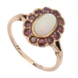 An opal and ruby cluster ring, in gold, indistinctly marked, 3.6g, size R Good condition