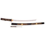 An O-suriage Wakizashi in Koshirae Sugata:  Shinogi-Zukuri Iori-mune with torii-zori Nagasa:. 40.1cm