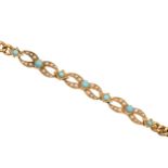 A split turquoise and seed pearl bracelet, c1900, in gold, the jewelled section centring curb links,