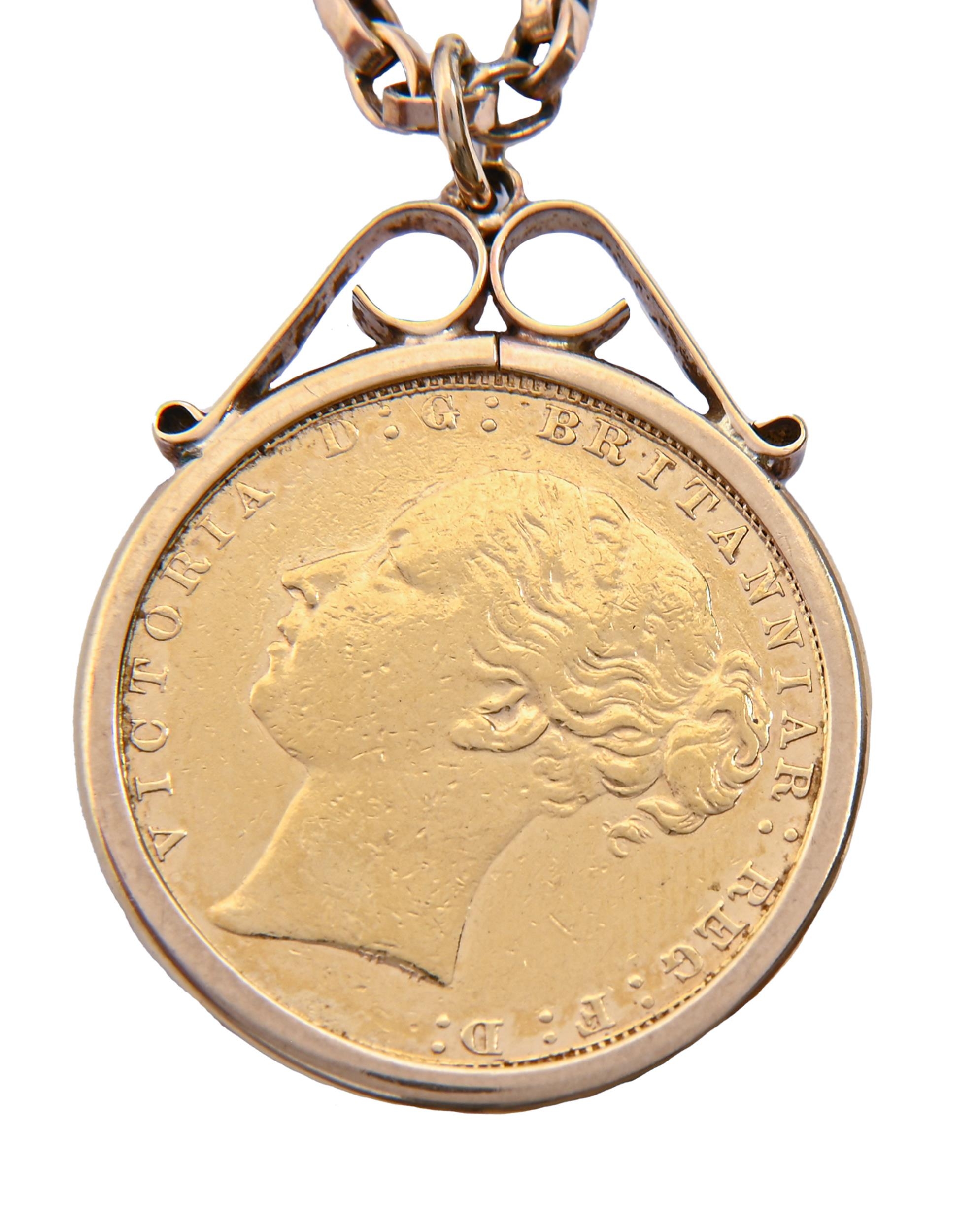 Gold coin. Sovereign 1880, mounted in 9ct gold pendant and a gold chain marked 9ct, 15.5g Good