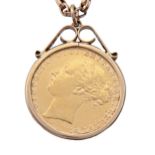 Gold coin. Sovereign 1880, mounted in 9ct gold pendant and a gold chain marked 9ct, 15.5g Good