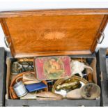 An Edwardian inlaid oak tea tray, a brass hand bell, abacus, seashells, etc