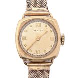 A Vertex 9ct gold cushion shaped lady's wristwatch, 21 x 21mm, Birmingham 1947, gold mesh bracelet