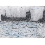 Manner of Lowry - A Trawler, bears signature, mixed media on paper, 25 x 35cm Good condition