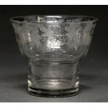 An unusual English glass beaker, 18th c, the ogee bowl engraved with band of fruiting vines on plain