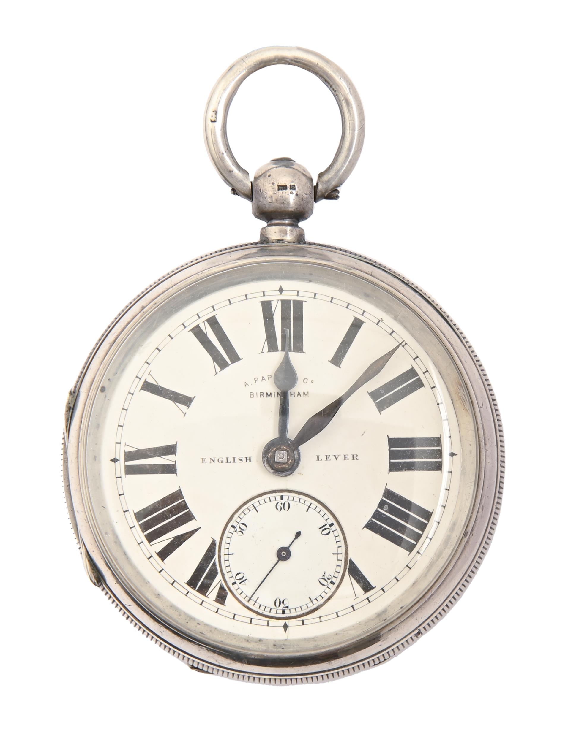 An English silver fusee lever watch, A Pappe & Co, Birmingham, No 525167, in engine turned case with