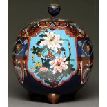 A Japanese cloisonne enamel spherical jar and cover, Meiji period, with principal turquoise lappet
