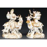 A pair of Derby white and gilt figures of the Welsh Tailor and his Wife, c1820, 14cm h, incised No