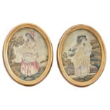 A pair of George III silk needlework pictures of girls carrying fruit, in oval giltwood and