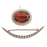 A split pearl crescent brooch, c1900, in gold, 55mm l and a Victorian citrine and split pearl