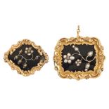 Two similar Victorian split pearl and gold and enamel mourning brooches, 30 and 35mm, 16.2g