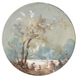 French School, 18th/19th c - Pastoral Landscapes, a pair, watercolour and gouache, 15cm diam (2)