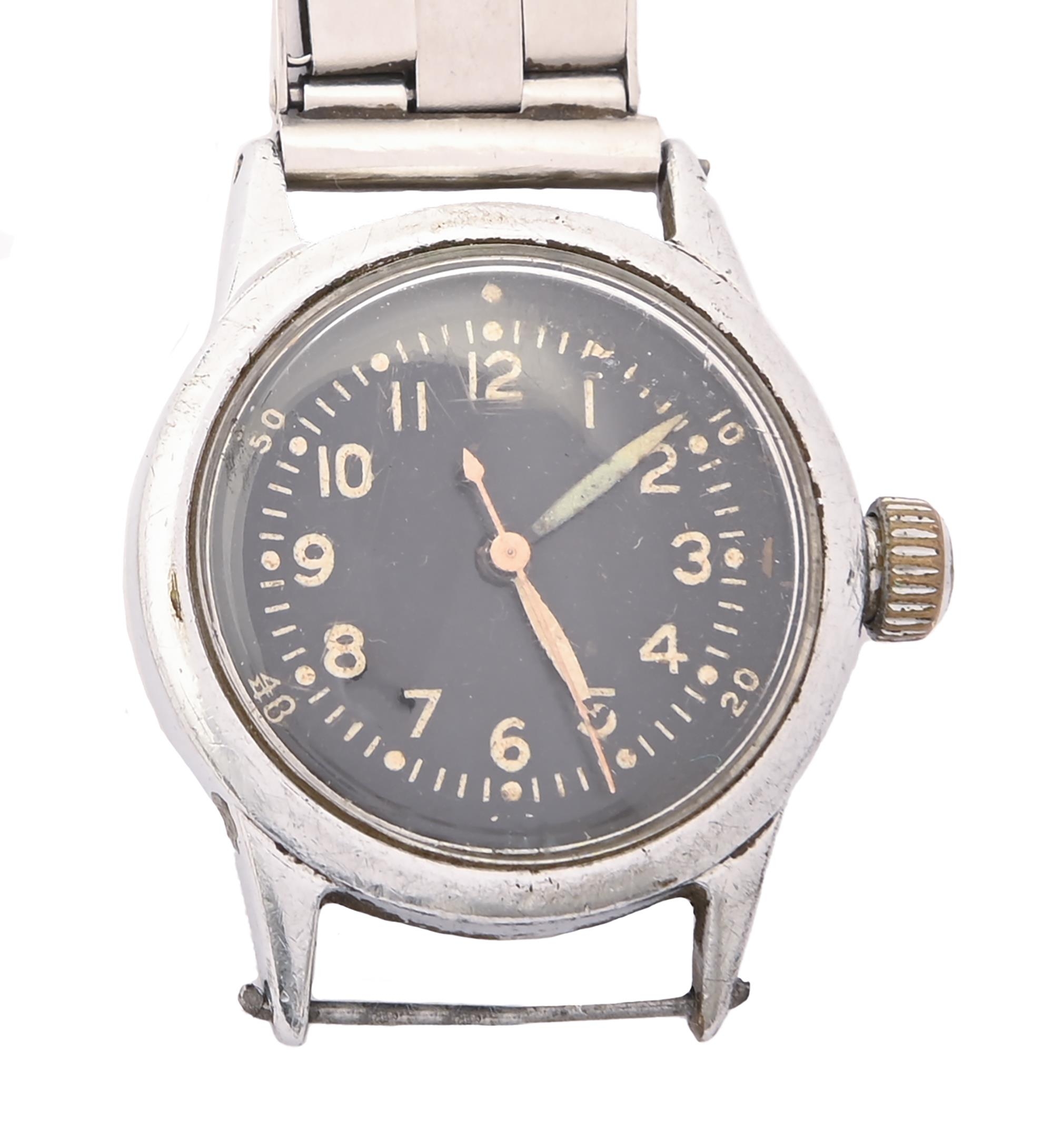 A WWII British Air Ministry issue plated wristwatch, Waltham movement No 31444/853, 31mm diam,