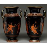 A pair of Samuel Alcock black glazed earthenware Etruscan vases, c1850, 30cm h, applied beehive