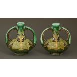 A pair of Purmerend Art Nouveau earthenware vases, c1900, painted in a green, olive and turquoise