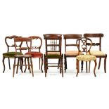A pair of Victorian mahogany dining chairs, a Victorian walnut dining chair with pierced splat and