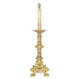 A French Gothic Revival gilt lacquered brass altar candlestick, late 19th c, 60cm h, adapted as a