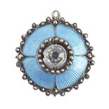 A German paste, marcasite and silver and blue guilloche enamel pendant, probably Pforzheim,