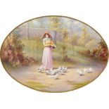 An English porcelain plaque, early 20th c, painted by F Micklewright, signed, with a young woman