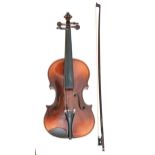 A German violin, length of back 35.8cm and a bow, cased Slightly scratched
