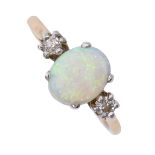 An opal and diamond ring, early 20th c, in gold marked 18ct, 2.6g, size J½ Opal with faint natural
