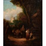 Follower of William Shayer - Figures and a Donkey by a Stile, oil on canvas laid on board, 35 x 29cm