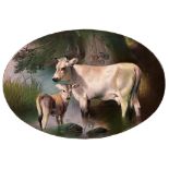 An English porcelain plaque, 1917, painted by J E Dean, signed and dated, with a cow and calf , 20 x