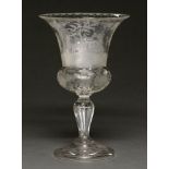 A wheel engraved glass goblet, French or Bohemian, mid 19th c, the bell bowl with a continuous scene