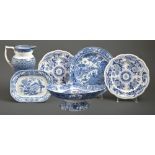 A pair of John and William Ridgway blue printed earthenware Columbia pattern gadrooned plates,