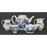 Five late 18th c English blue and white sparrow beak jugs, a sauce boat, teapot and coffee cup,