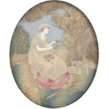 A George III needlework picture of a shepherdess arranging flowers, in contemporary giltwood and