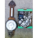 Miscellaneous plated and other metal ware and an oak aneroid barometer